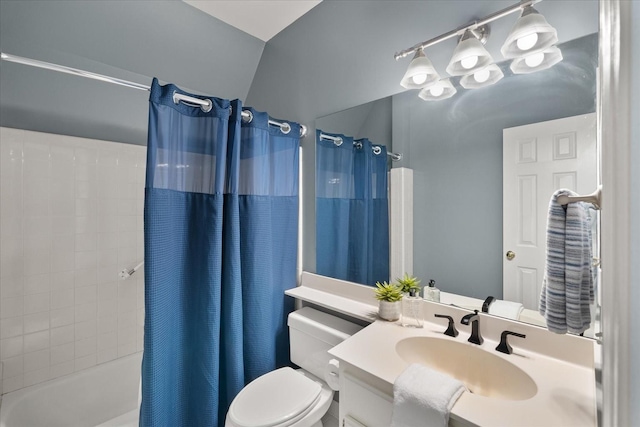 full bath featuring toilet, shower / tub combo with curtain, and vanity