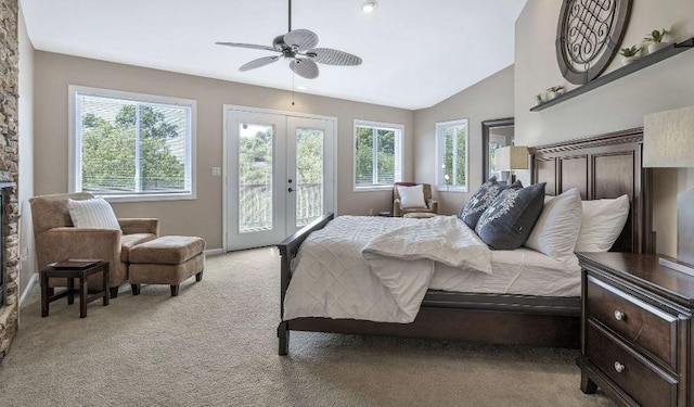 bedroom with access to exterior, french doors, light carpet, and multiple windows