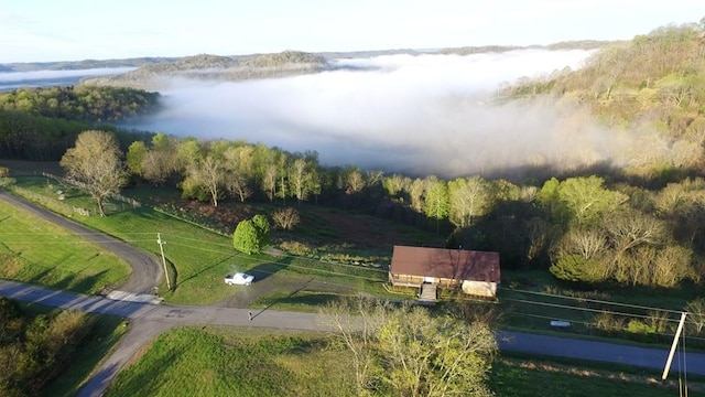 birds eye view of property featuring a water view and a rural view