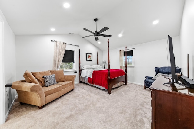 bedroom featuring recessed lighting, light colored carpet, vaulted ceiling, and baseboards