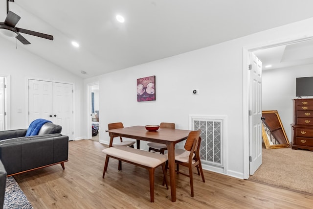 dining area with light wood finished floors, visible vents, and recessed lighting