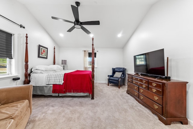 bedroom with baseboards, light colored carpet, lofted ceiling, ceiling fan, and recessed lighting