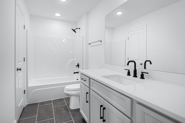 bathroom with toilet, recessed lighting, shower / bath combination, vanity, and tile patterned floors