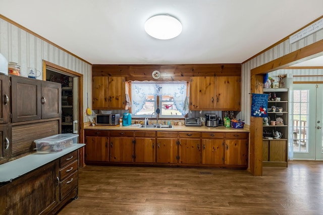 kitchen with dark wood-type flooring, ornamental molding, light countertops, and a sink