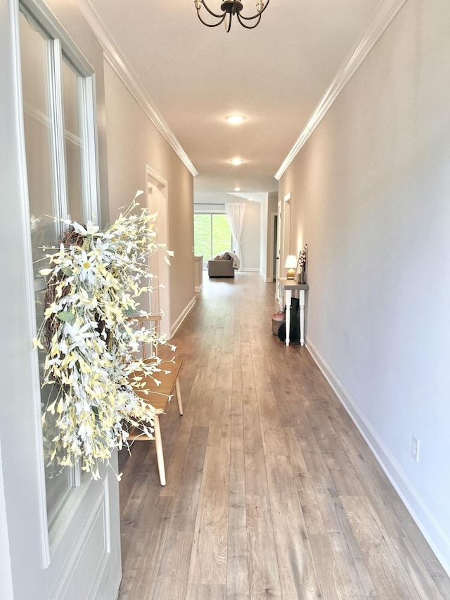 corridor featuring baseboards, light wood-type flooring, and crown molding