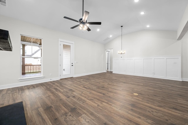 unfurnished living room featuring lofted ceiling, recessed lighting, ceiling fan with notable chandelier, dark wood-style flooring, and visible vents