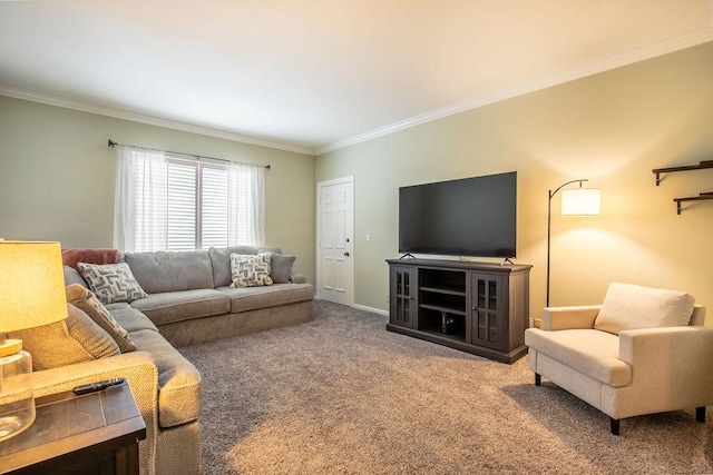 living room featuring crown molding, baseboards, and carpet flooring