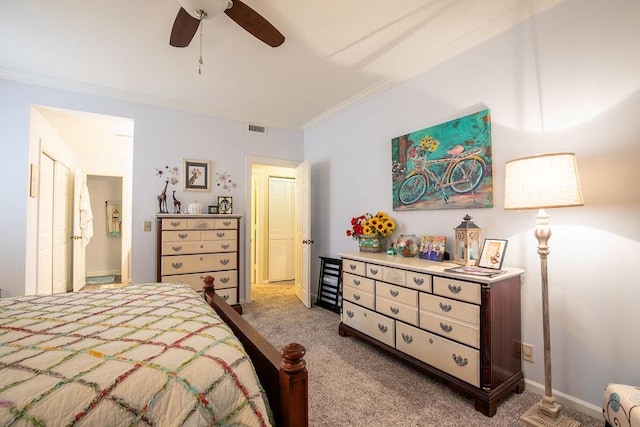 bedroom featuring visible vents, ornamental molding, a ceiling fan, light carpet, and baseboards