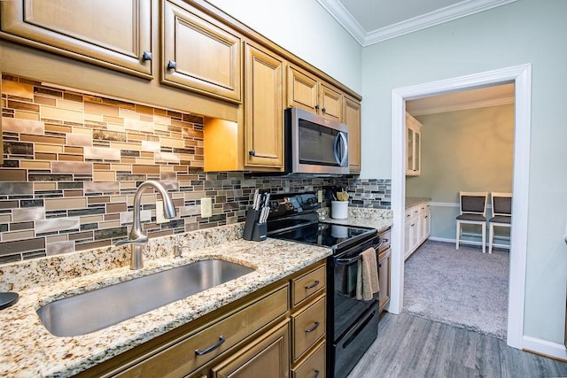 kitchen with light stone countertops, electric range, stainless steel microwave, and a sink