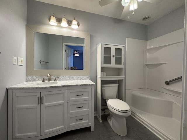 bathroom with tile patterned flooring, ceiling fan, vanity, and toilet