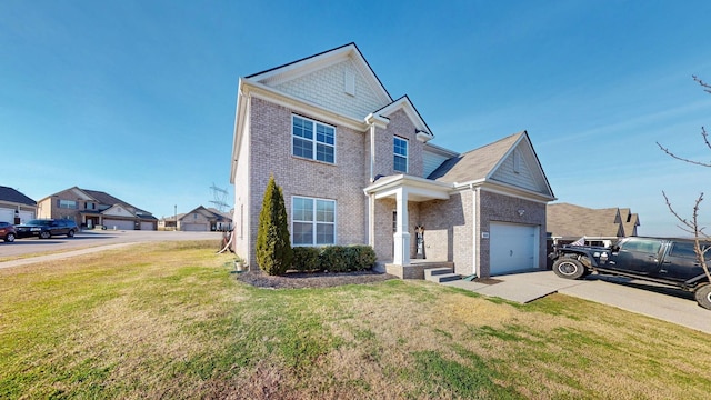 traditional home with a residential view, concrete driveway, brick siding, and a front lawn