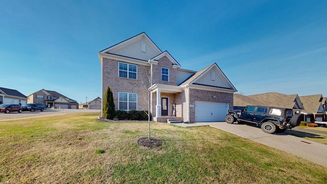 view of front of home with driveway, brick siding, a front yard, and a residential view