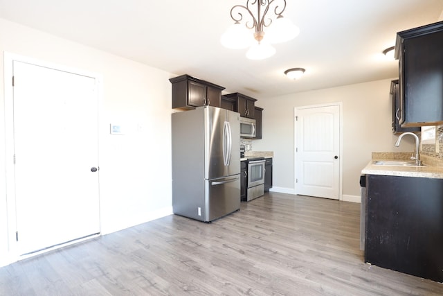 kitchen with a sink, light countertops, appliances with stainless steel finishes, light wood-type flooring, and decorative light fixtures