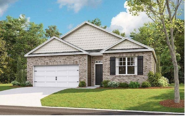 craftsman-style house featuring a garage, concrete driveway, brick siding, and a front lawn