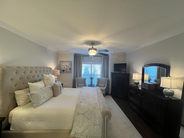 bedroom featuring ceiling fan and ornamental molding