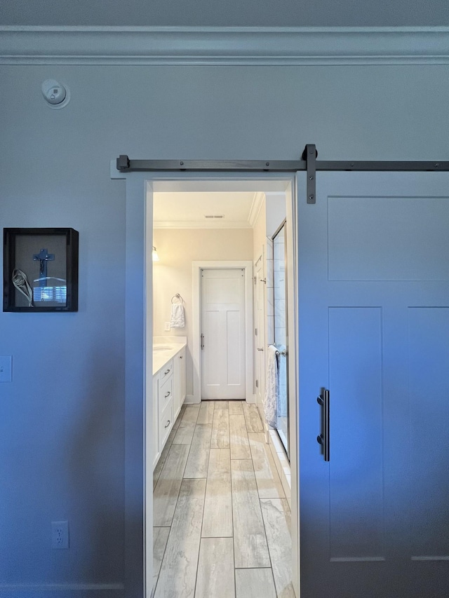 bathroom featuring ornamental molding, vanity, and wood finished floors