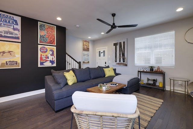 living area with stairway, baseboards, dark wood finished floors, and recessed lighting