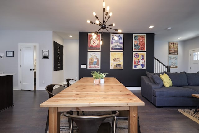 dining space featuring dark wood-style floors, stairway, recessed lighting, and baseboards