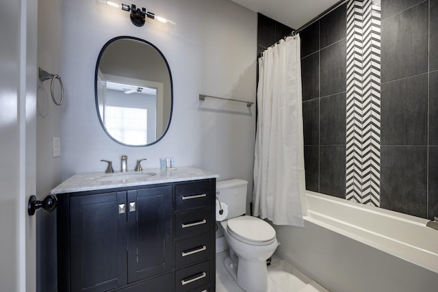 bathroom featuring shower / tub combo, marble finish floor, vanity, and toilet