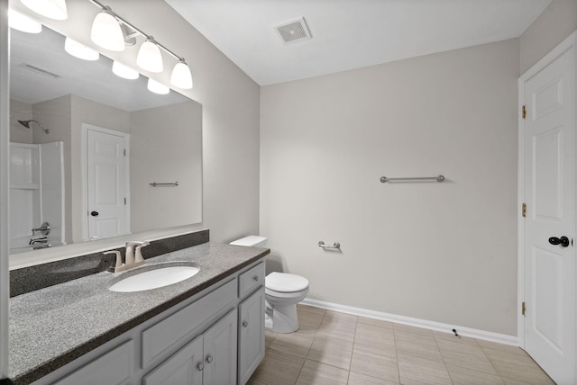 bathroom with baseboards, visible vents, vanity, and toilet