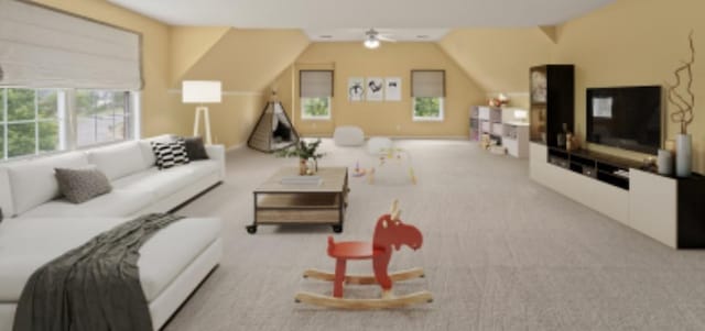 living room featuring lofted ceiling and light colored carpet