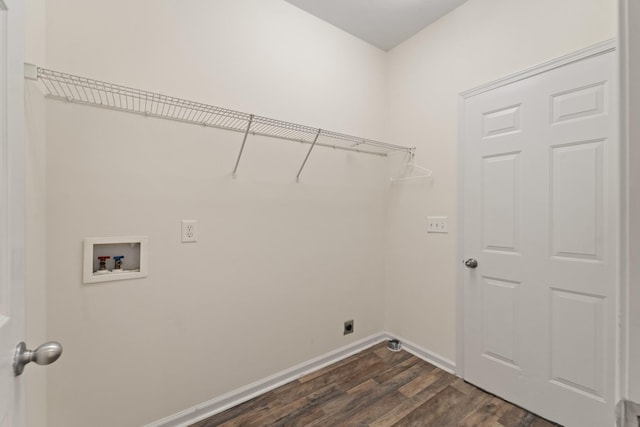 clothes washing area featuring hookup for a washing machine, dark wood-type flooring, hookup for an electric dryer, laundry area, and baseboards