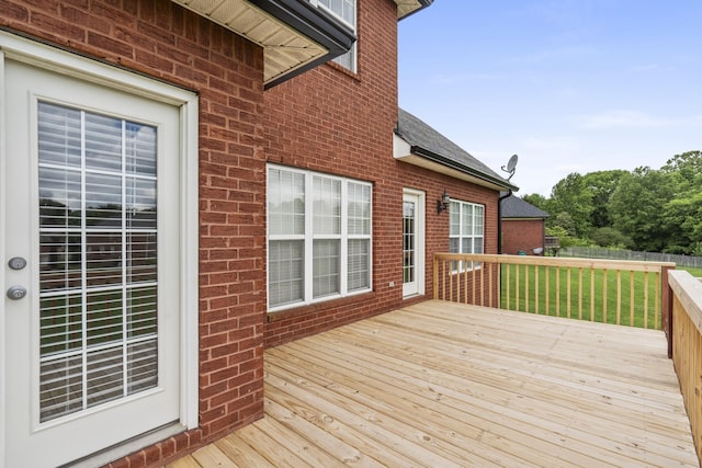 deck featuring fence and a yard