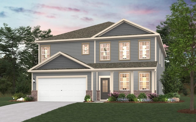 view of front of property with driveway, a shingled roof, a lawn, and brick siding