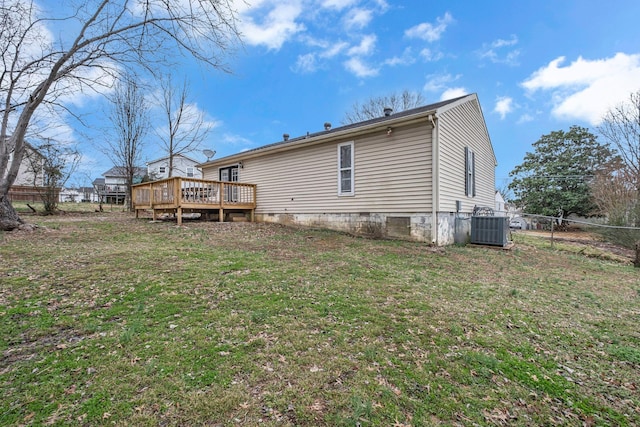 rear view of property with crawl space, fence, a deck, a yard, and central AC