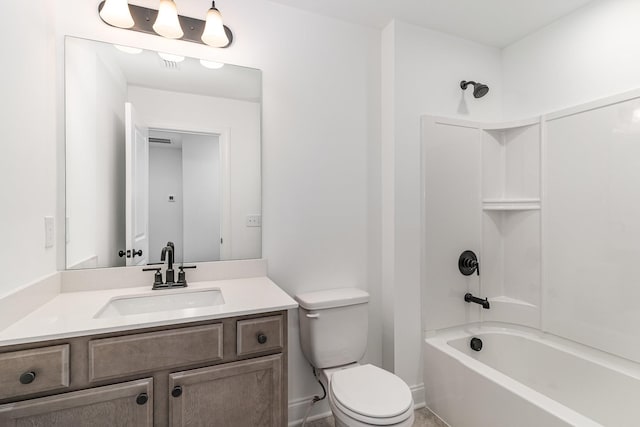 full bath with shower / washtub combination, baseboards, vanity, and toilet