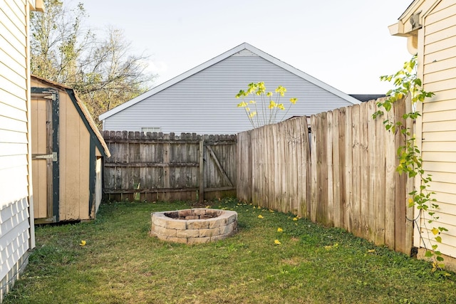 view of yard with an outdoor fire pit, a fenced backyard, an outdoor structure, and a storage shed