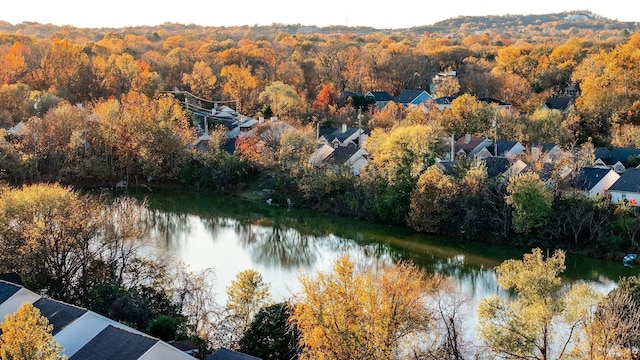 birds eye view of property featuring a forest view and a water view