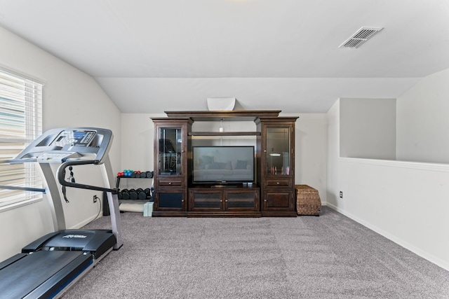 workout area with lofted ceiling, carpet floors, baseboards, and visible vents