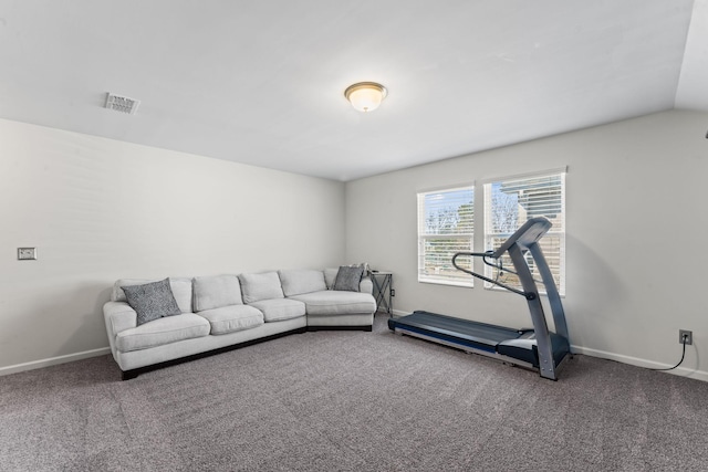 exercise area featuring vaulted ceiling, carpet flooring, visible vents, and baseboards