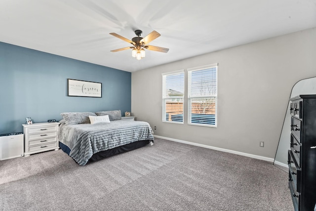 bedroom with carpet floors, ceiling fan, and baseboards