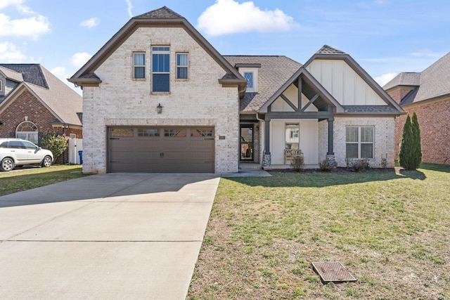 view of front of property with brick siding, board and batten siding, a front yard, a garage, and driveway