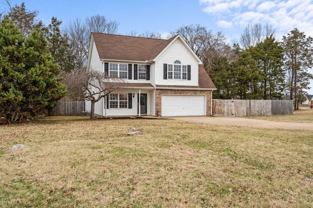 traditional-style home with concrete driveway, brick siding, fence, and a front lawn