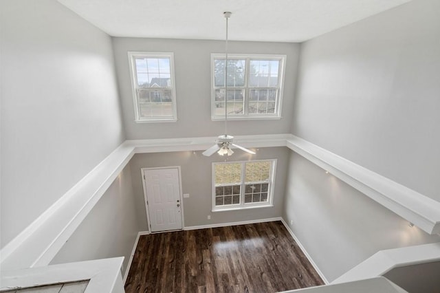 foyer entrance featuring ceiling fan, baseboards, and dark wood-style flooring