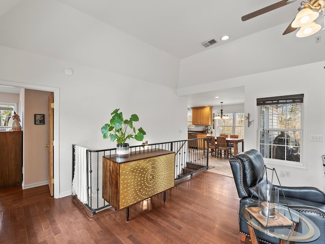 home office featuring recessed lighting, visible vents, baseboards, and wood finished floors