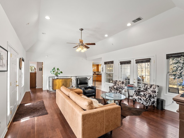 living room featuring recessed lighting, visible vents, hardwood / wood-style floors, and french doors