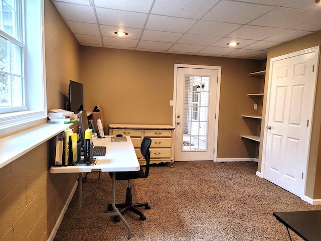 office area with carpet flooring, a paneled ceiling, and baseboards