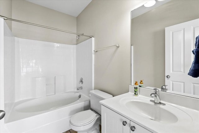 bathroom with shower / bathtub combination, toilet, and vanity