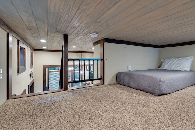 unfurnished bedroom with wood ceiling, carpet flooring, and recessed lighting