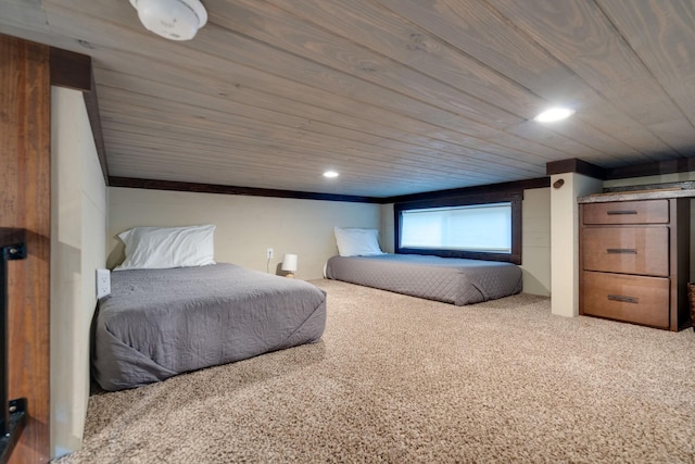 unfurnished bedroom featuring recessed lighting, wooden ceiling, and carpet flooring