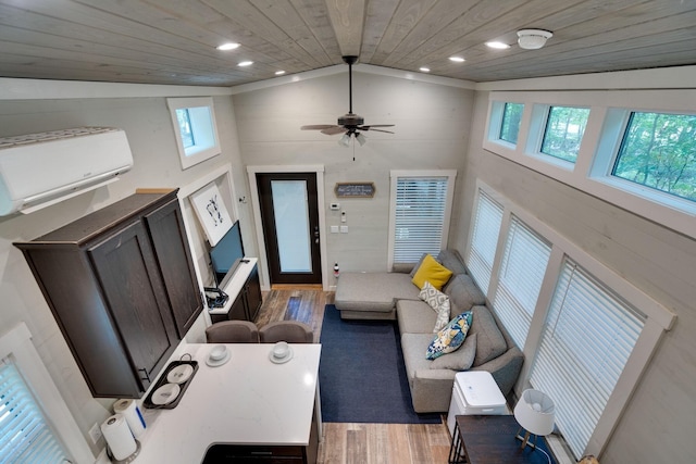 living room featuring a wall unit AC, recessed lighting, wood ceiling, wood finished floors, and high vaulted ceiling