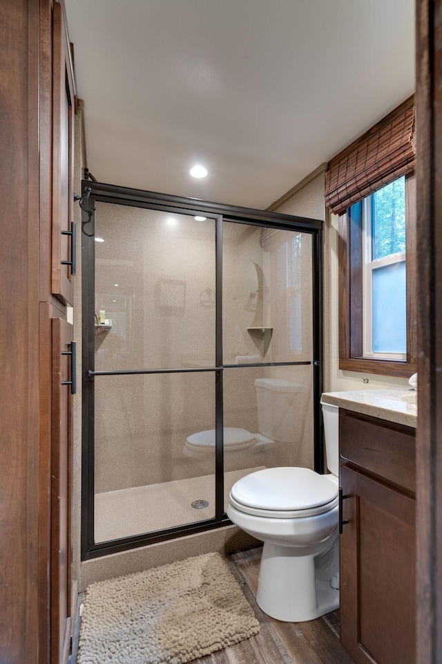 full bathroom featuring toilet, a stall shower, wood finished floors, and vanity