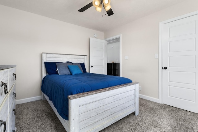 bedroom featuring carpet floors, baseboards, and a ceiling fan