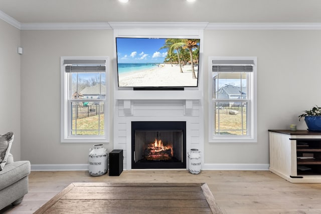 living area with a healthy amount of sunlight, baseboards, crown molding, and wood finished floors