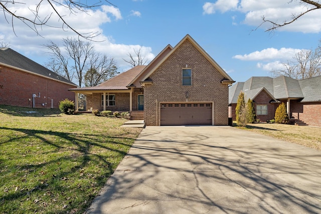 traditional home with concrete driveway, brick siding, a front lawn, and an attached garage