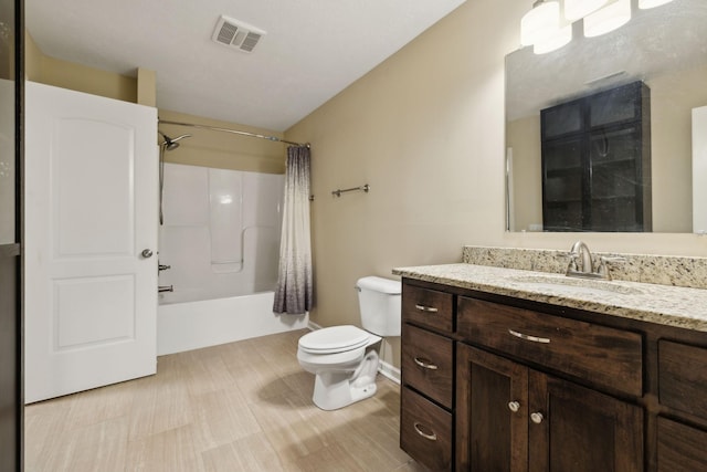 full bath with visible vents, shower / bathtub combination with curtain, toilet, and vanity